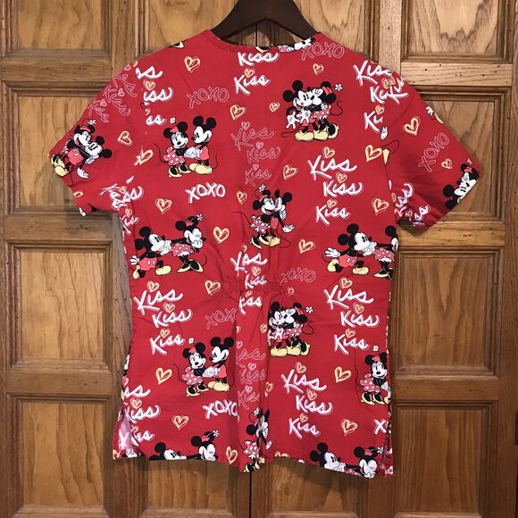 Disney Mickey & Minnie Mouse Scrub Top Women's XS Red Wrap Cinch Back 3 Pocket - Picture 11 of 12